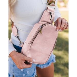 Pink Faux Leather Zipped Crossbody Chest Bag